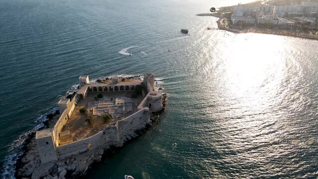 Aerial view of the maiden castle (Kiz Kalesi) in Mersin Turkey.