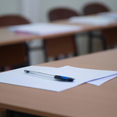 Pen and Paper on a Table in a School Classroom