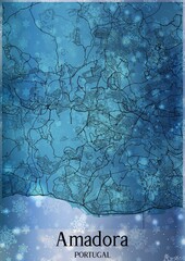 Christmas background, Chirstmas map of Amadora Portugal, greeting card on blue background.