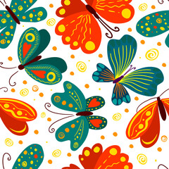 vector seamless cute gentle butterfly pattern with tropical flowers, leaves. spring summer mood. colorful, romantic print. hand drawn design.