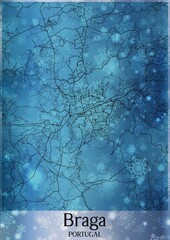 Christmas background, Chirstmas map of Braga Portugal, greeting card on blue background.