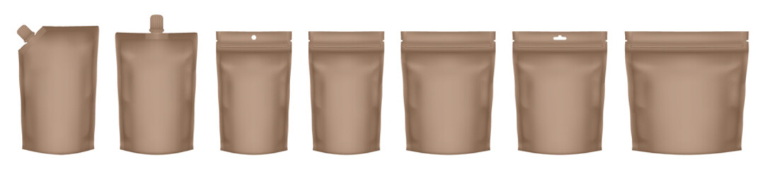 Set of realistic doy pack mockups. Brown flow pack, sachet, zip bag and doypack