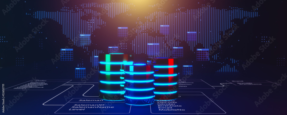 Aufkleber Multiple database is placed on Relational database tables with a blue dotted map background. Concept of database server, SQL, data storage, database diagram design. 3D illustration.