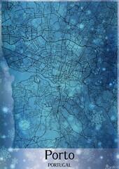 Christmas background, Chirstmas map of Porto Portugal, greeting card on blue background.