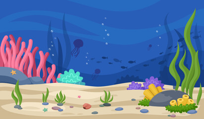 Fototapeta na wymiar Sea location. Cartoon underwater background with fish silhouettes, colorful seaweeds sand and stones. Game bright water vector background