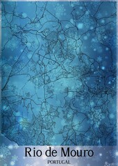 Christmas background, Chirstmas map of Rio de Mouro Portugal, greeting card on blue background.
