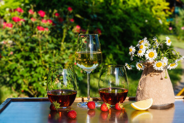 A glasses of red and white wine against outdoor garden background.