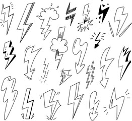 Black sketch lightning collection. Doodle flash thunder, scribble thunderbolts with grunge effect. Various energy electric battery classy vector symbols
