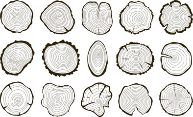 Wood trunk rings, circular stump wooden texture top view. Tree age ring, abstract log circles logo and contour. Cut of logs, racy trunks prints vector set
