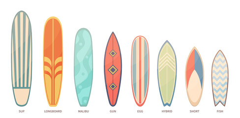 Color surfboards set. Patterned different boards for cutting through waves, summer beach activities items, sea sport front view equipment. Longboard and hybrid nowaday vector isolated set - obrazy, fototapety, plakaty