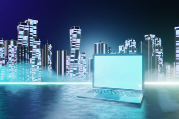 3D illustration rendering. Laptop computer silver and black color blank screen with led line blue building background