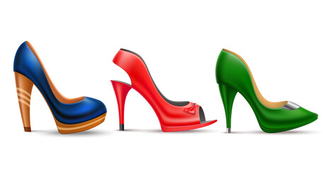 Realistic women shoes. Isolated 3d female classic high heeled footwear, ladies glossy leather shoes, side view, different colors, Glamorous fashion boots, classic design, utter vector set