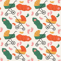 Seamless pattern on a children's theme. A baby in a diaper, a stroller and baby's footprints. Vector cartoon illustration.