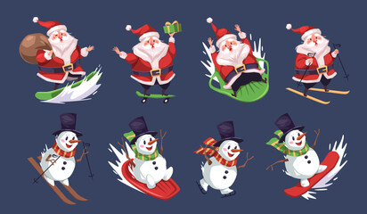 Sporting snowman and Santa. Cartoon characters cute athlete, winter extreme sport, christmas sledding, snowboarding and skating, gift delivery, happy new year, tidy vector isolated set
