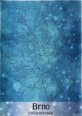Christmas background, Chirstmas map of Brno Czech Republic, greeting card on blue background.
