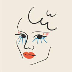 Hand-drawn girl with bright make-up. Vector illustration for t-shirt, slogan, print design, graphic style.