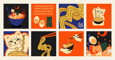 Vintage asian japanese food sushi noodles, ramen, maneki neko. A set of promo templates for a Japanese restaurant. Advertising with national oriental noodles.