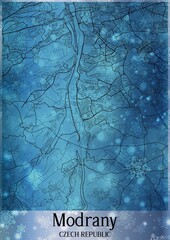 Christmas background, Chirstmas map of Modrany Czech Republic, greeting card on blue background.