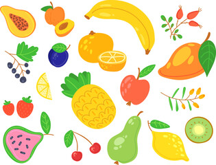 Doodle tasty vitamin fruits. Cute fruit vitamins detox, organic healthy food summer freshness tropical sweets apple cherry apricot lemon banana kiwi pineapple, vector illustration