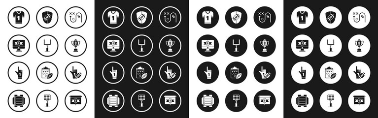 Fototapeta premium Set Planning strategy concept, American football goal post, tv program, jersey, Award cup and, Football shield, Number 1 one fan hand glove with finger raised american and icon. Vector