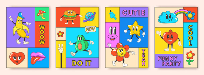 Trendy mascot posters. Cartoon funny retro characters square cards on psychedelic poster, trippy groovy flower bright crazy abstract art 70s doodle heart star vector illustration
