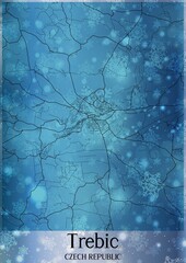 Christmas background, Chirstmas map of Trebic Czech Republic, greeting card on blue background.