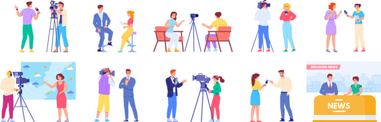 Journalists crew. Journalist talking microphone on camera for tv reportage, cameraman and reporter recording broadcast, studio interview news presenter, swanky vector illustration - obrazy, fototapety, plakaty