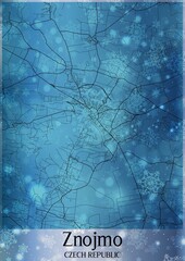 Christmas background, Chirstmas map of Znojmo Czech Republic, greeting card on blue background.