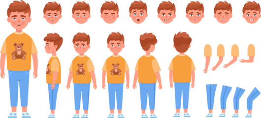 Boy body animation. Child animated expressions, children pose creation speaking kid character constructor face emotion body parts action kit, cartoon neoteric vector illustration