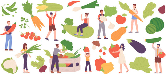 People with diet products. Farmer food of vitamin vegetables, personalized diet alternative nutrition vegetarian lifestyle, fresh agriculture product, garish vector illustration