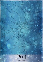 Christmas background, Chirstmas map of Ptuj Slovenia, greeting card on blue background.