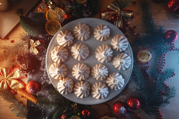 top view of georgian or armenian khinkali food with meat or cheese on christmas