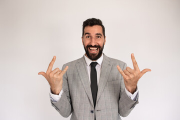 Portrait of passionate bearded man. Male in suit gesturing. Portrait, emotion concept