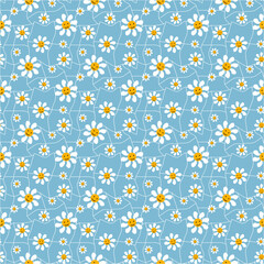 Small white daisies and smiley on a blue abstract background. Retro pattern in the style of 1970. Vector drawing. For clothing, packaging, design and textiles, postcards and flyers.