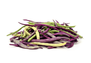 Isolated beans in a pile. Many long  raw beans in different colors and shapes randomly placed....