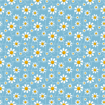 Small White Daisies And Smiley On A Blue Abstract Background. Retro Pattern In The Style Of 1970. Vector Drawing. For Clothing, Packaging, Design And Textiles, Postcards And Flyers.