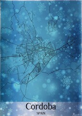 Christmas background, Chirstmas map of Cordoba Spain, greeting card on blue background.