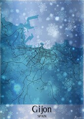 Christmas background, Chirstmas map of Gijon Spain, greeting card on blue background.