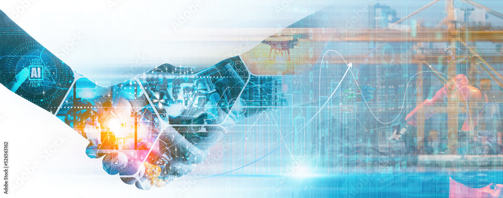 Fototapete Global industry concept.Manager Ai Technical Industrial Engineer working and control robotics with monitoring system Automation robot arm software and icon industry network connection on tablet.