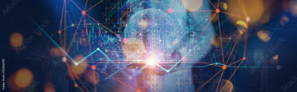 Leinwandbilder Businessman working with smartphone on Technology and digital marketing. Financial and banking with global network connection on investor and customer with sale data exchange and development 
