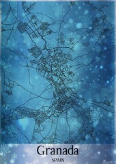 Christmas background, Chirstmas map of Granada Spain, greeting card on blue background.