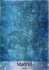 Christmas background, Chirstmas map of Madrid Spain, greeting card on blue background.