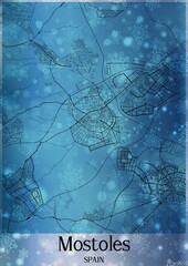 Christmas background, Chirstmas map of Mostoles Spain, greeting card on blue background.