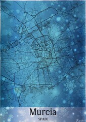 Christmas background, Chirstmas map of Murcia Spain, greeting card on blue background.