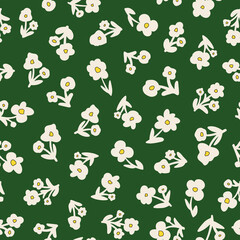 Flowers with leaves seamless repeat pattern. Random placed, vector botanical all over surface print on dark green background.