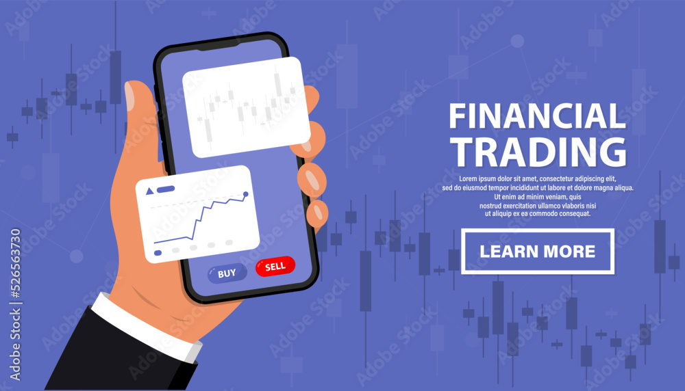Poster stock online trading with smartphone. mobile phone in hand with world business graph or chart stock 
