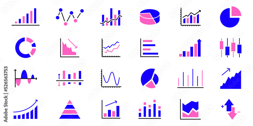 Poster Business data charts. Diagrams and graphs. Business data market elements, statistic and data, infographics business, money, down or up, analytic report. Set of financial marketing colorful diagrams