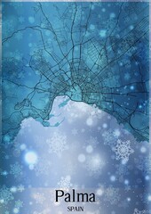 Christmas background, Chirstmas map of Palma Spain, greeting card on blue background. © Mappingz