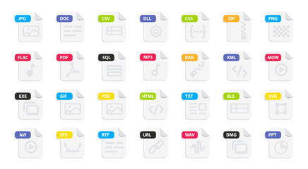 File type icon set. Popular files format and document in flat style design. Format and extension of documents. Set of graphic templates audio, video, image, system, archive, code and document file