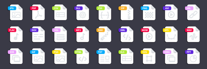 File type icon set. Popular files format and document in flat style design. Format and extension of documents. Set of graphic templates audio, video, image, system, archive, code and document file - obrazy, fototapety, plakaty
